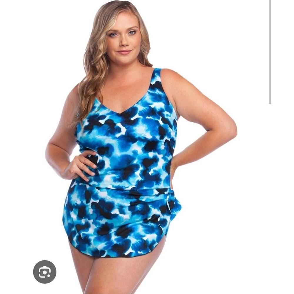 Maxine Of Hollywood Stormy Spa Wide Strap One Piece Swimsuit Blue Black Size 10
